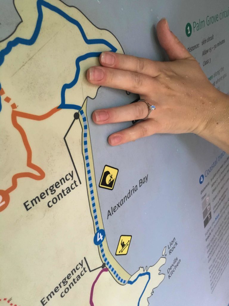 Map of Noosa National Park and a hand with an engagement ring