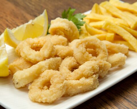 A plate of calamari and chips - Best Fish And Chips in Noosa